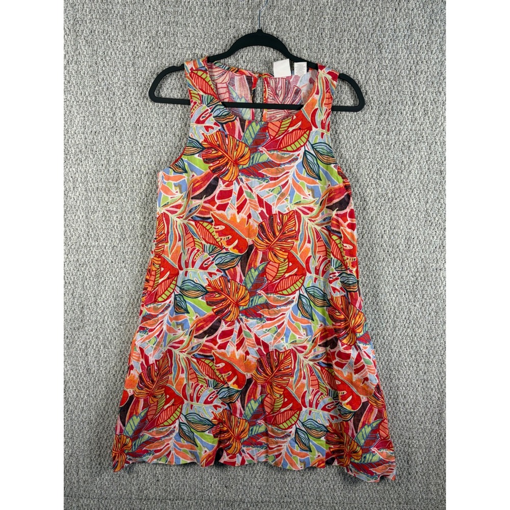 C&C California Women Red Tropical Leaf Print 100% Linen Sleeveless Shift Dress S